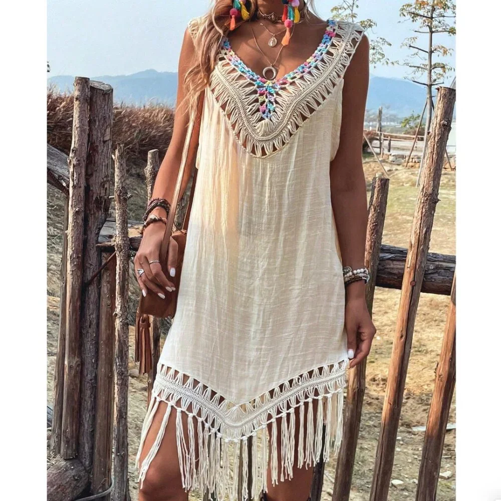 Boho Fringe Backless Swim Cover Up Resort Beach Crochet Style